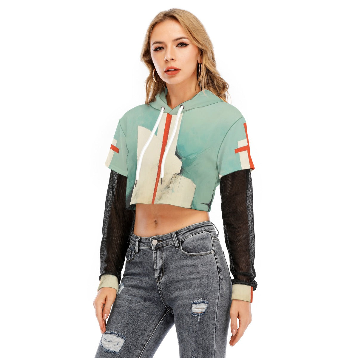 All-Over Print Women's Fake Two-piece Mesh Sleeve Cropped Hoodie