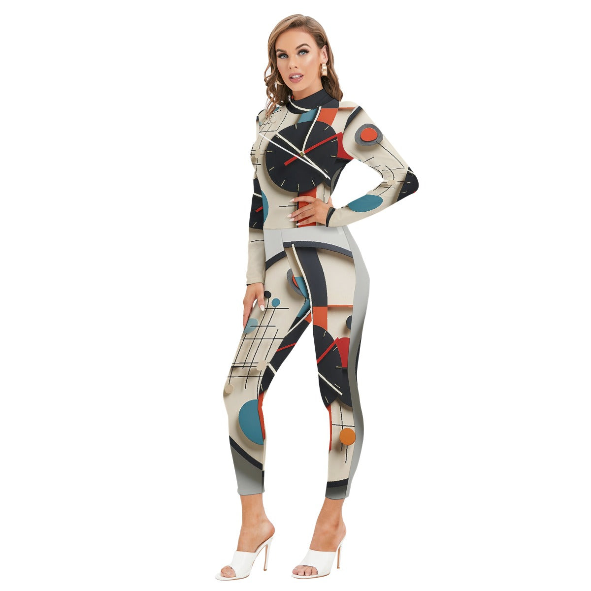 All-Over Print Women's Long-sleeved High-neck Jumpsuit With Zipper