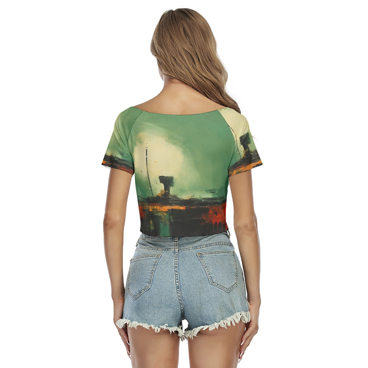 All-Over Print Women's Raglan Drawstring Front  Crop Tee