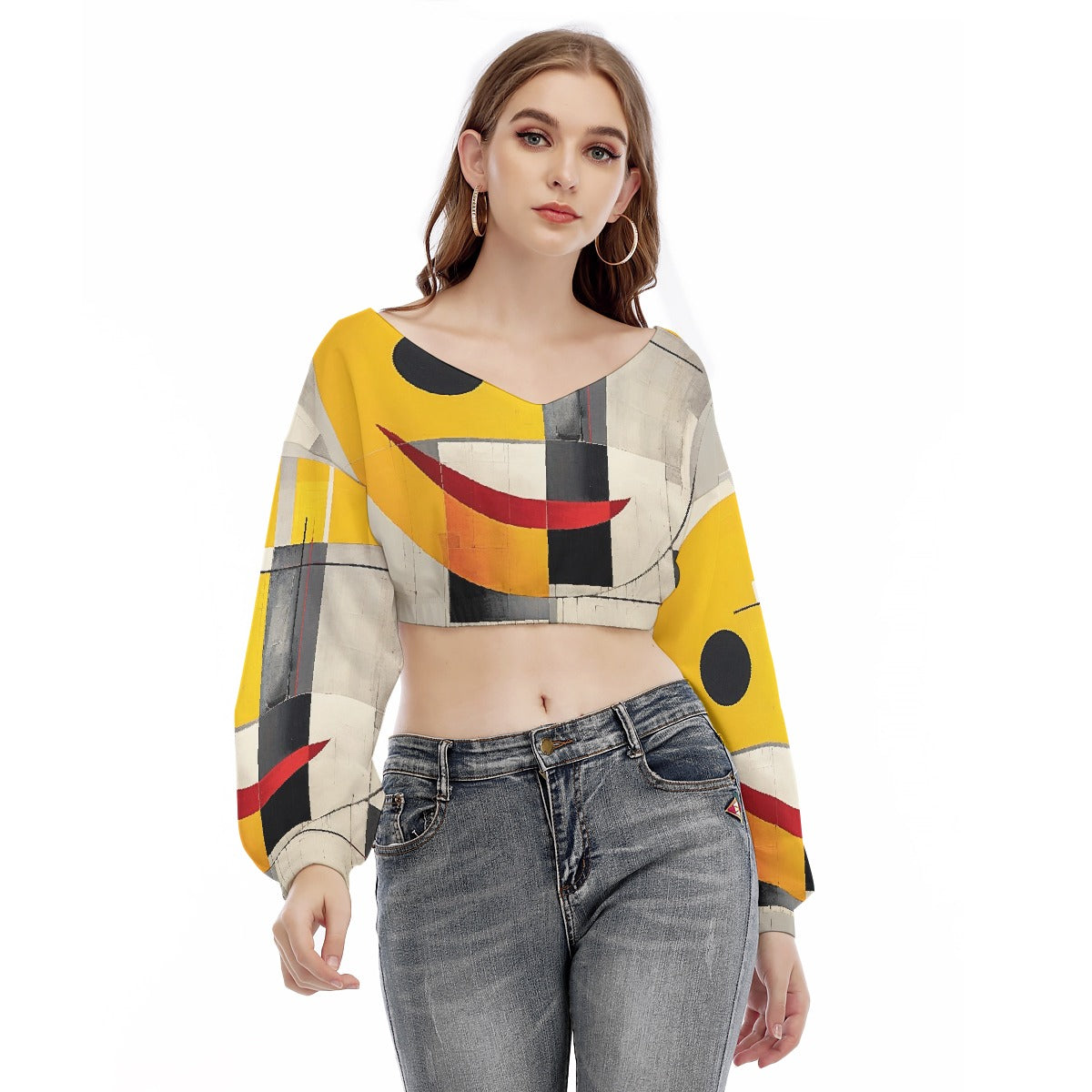 All-Over Print Women's V-neck Long Sleeve Cropped Sweatshirt