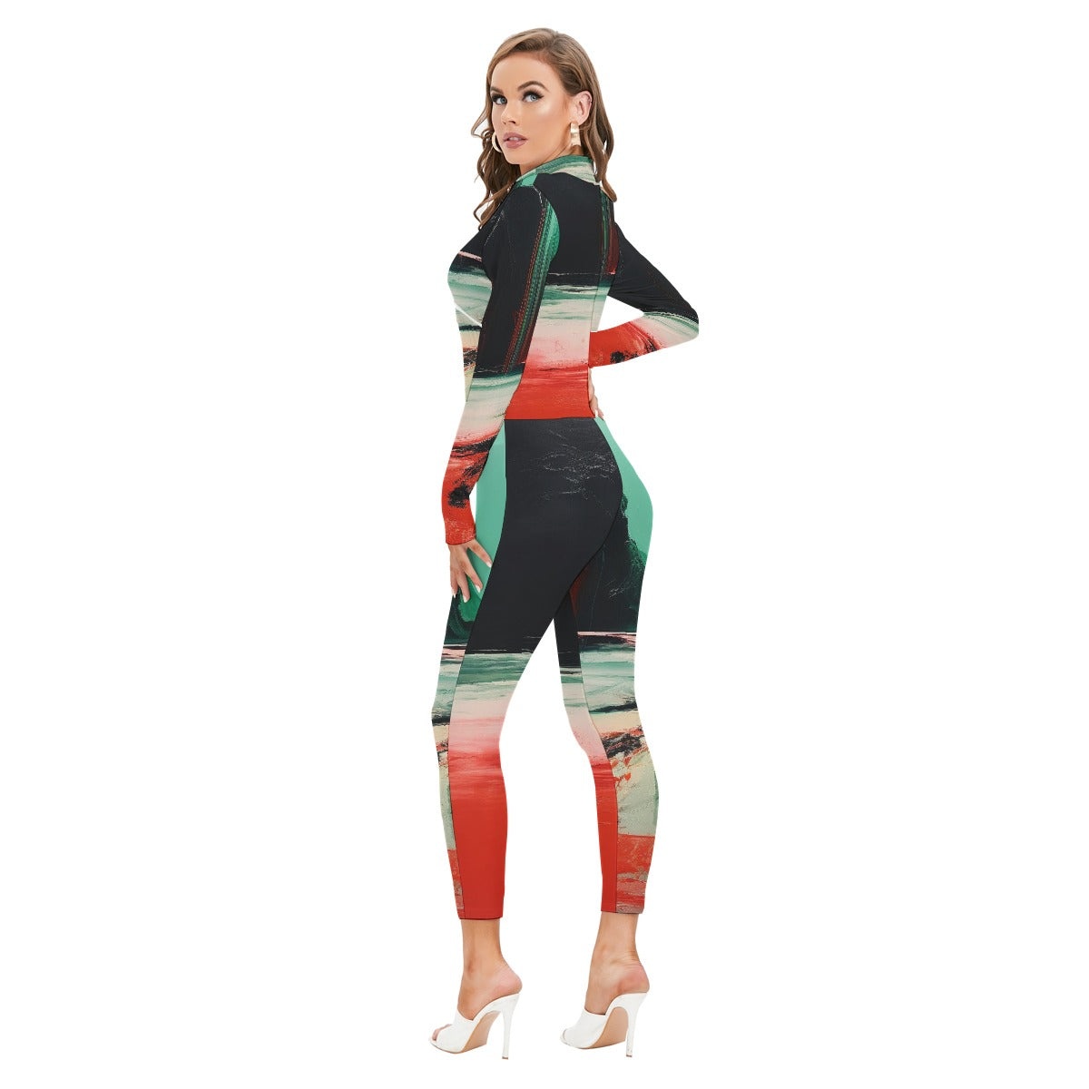 All-Over Print Women's Long-sleeved High-neck Jumpsuit With Zipper