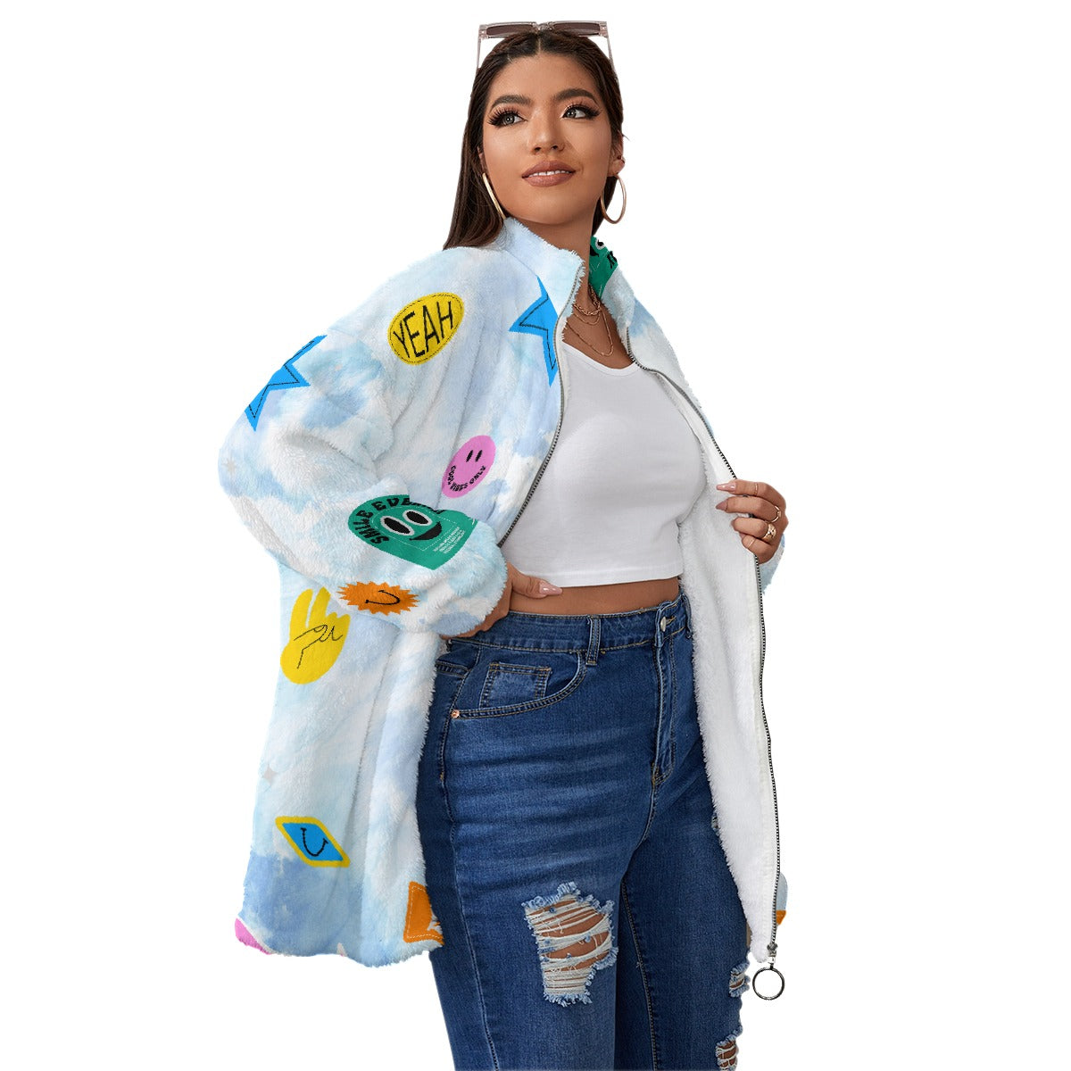 All-Over Print Unisex Borg Fleece Stand-up Collar Coat With Zipper Closure(Plus Size)