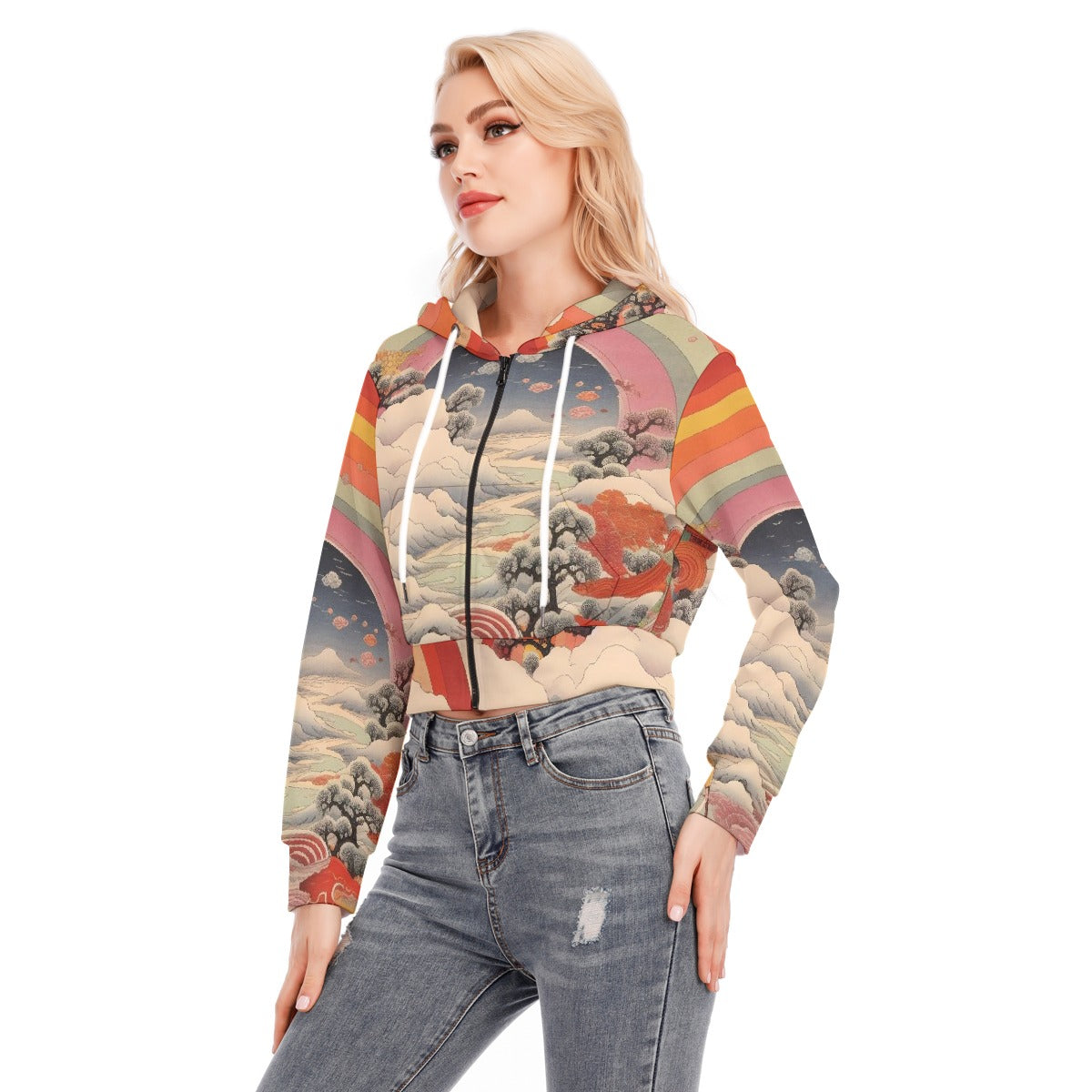 All-Over Print Women's Crop Top Hoodie With Zipper Closure
