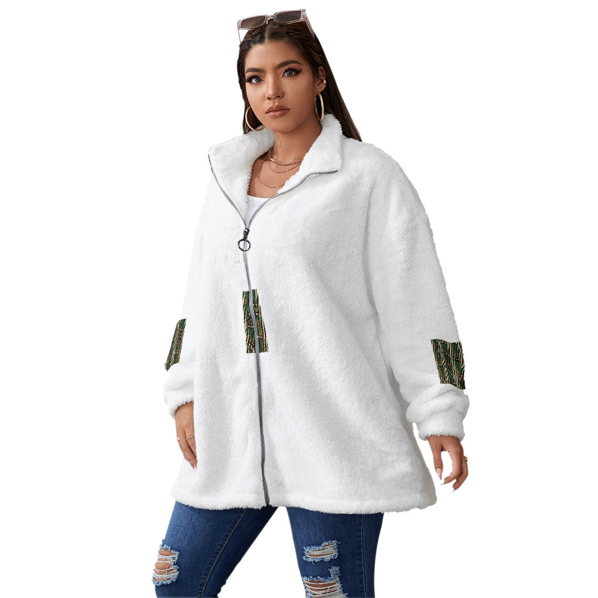 All-Over Print Unisex Borg Fleece Stand-up Collar Coat With Zipper Closure(Plus Size)