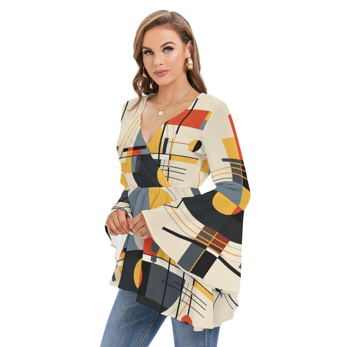 All-Over Print Women's V-neck Blouse With Flared Sleeves