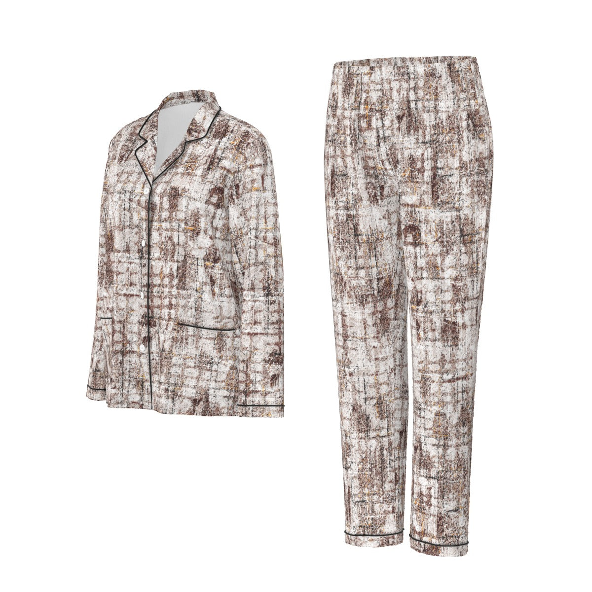 All-Over Print Women's Long Sleeve Pajama Set With Black Contrast Piping