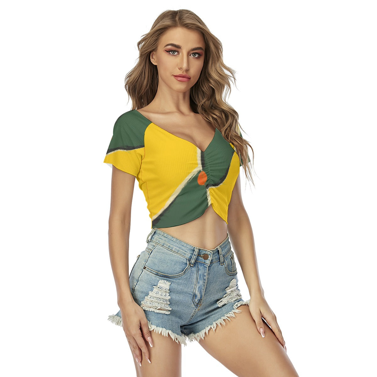 All-Over Print Women's Raglan Drawstring Front  Crop Tee