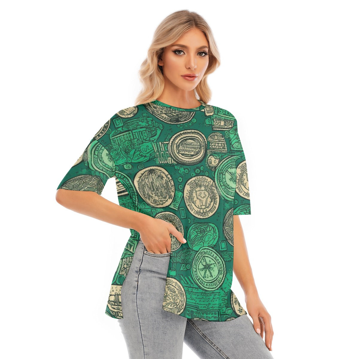 All-Over Print Women's Short Sleeves T-shirt With Hem Split