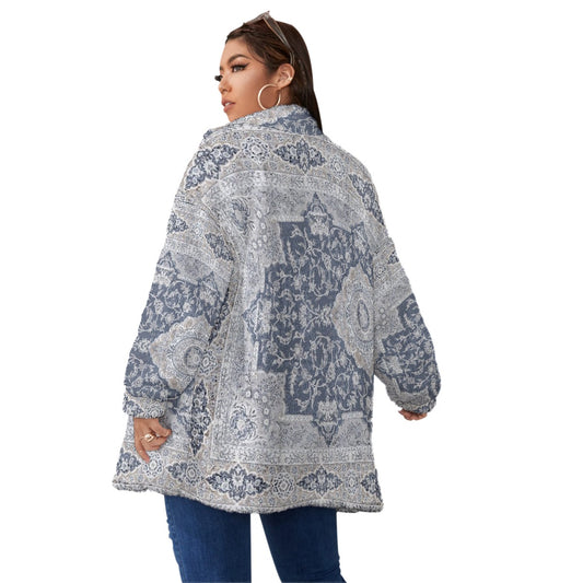 All-Over Print Unisex Borg Fleece Stand-up Collar Coat With Zipper Closure(Plus Size)