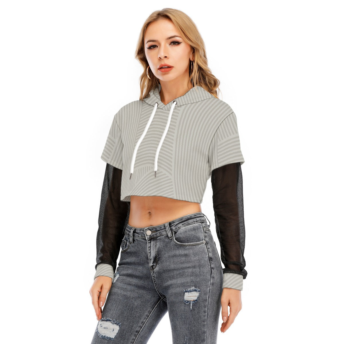All-Over Print Women's Fake Two-piece Mesh Sleeve Cropped Hoodie