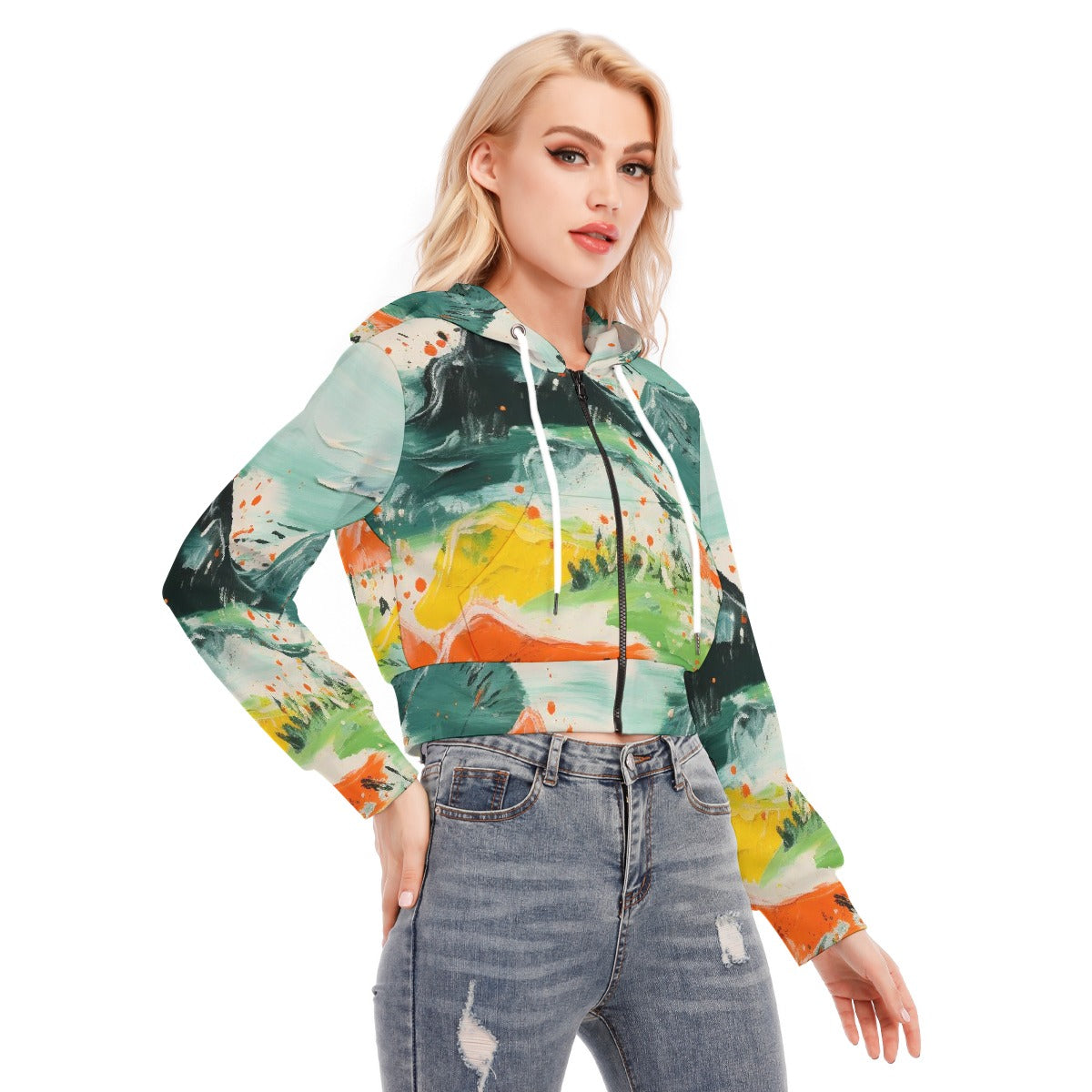 All-Over Print Women's Crop Top Hoodie With Zipper Closure