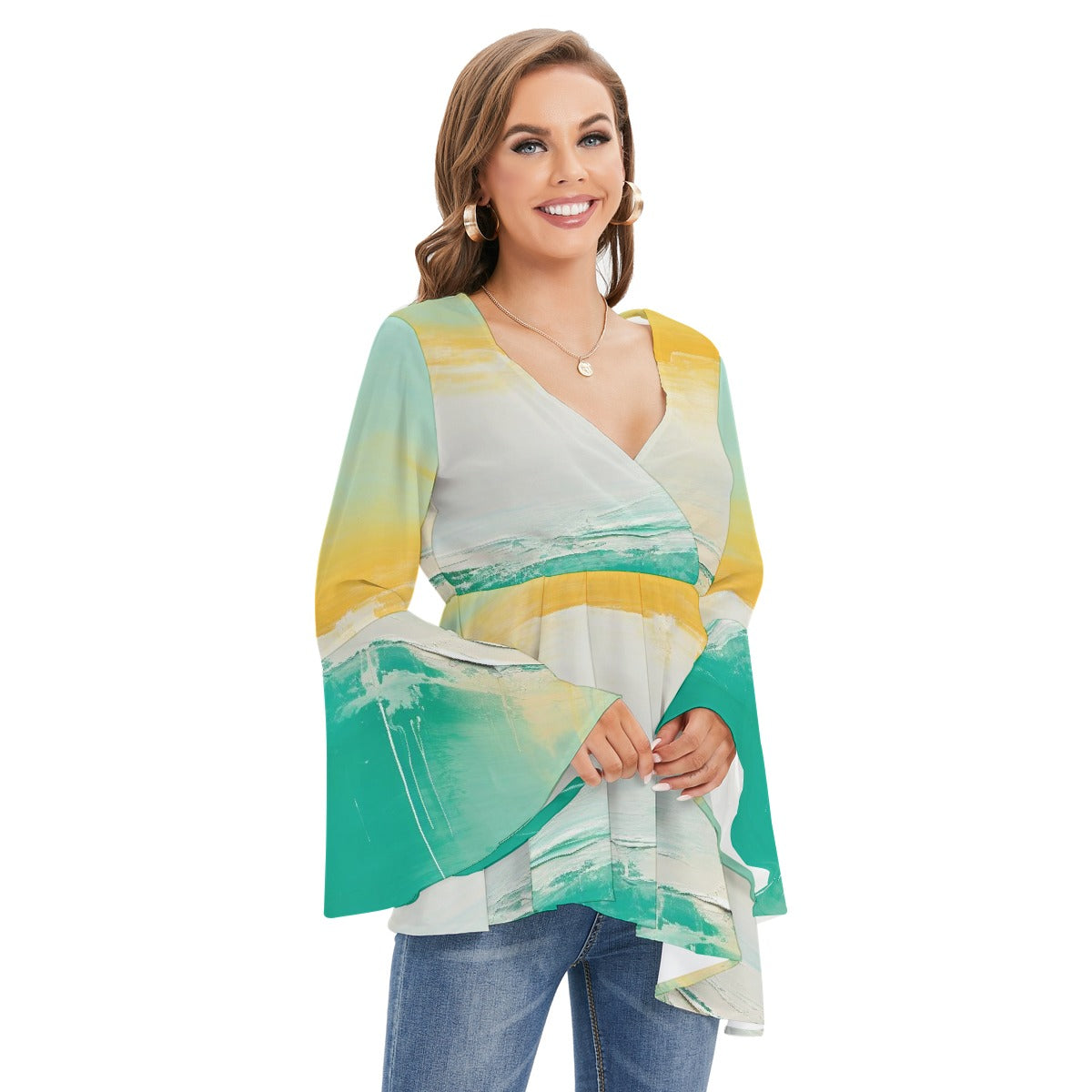 All-Over Print Women's V-neck Blouse With Flared Sleeves