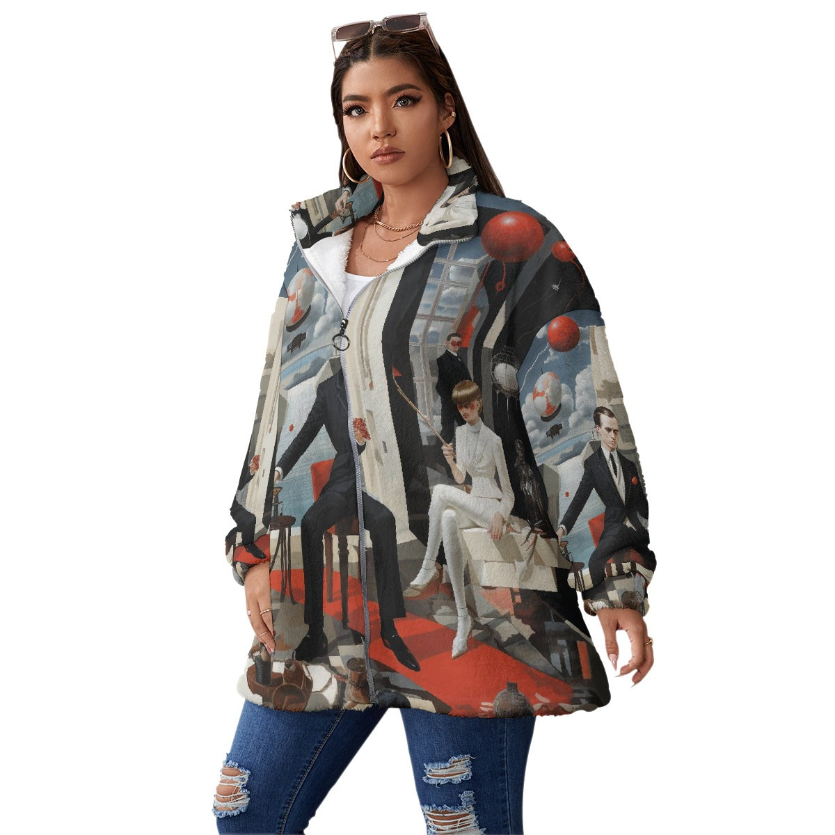 All-Over Print Unisex Borg Fleece Stand-up Collar Coat With Zipper Closure(Plus Size)