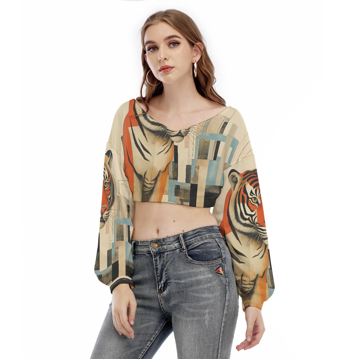 All-Over Print Women's V-neck Long Sleeve Cropped Sweatshirt