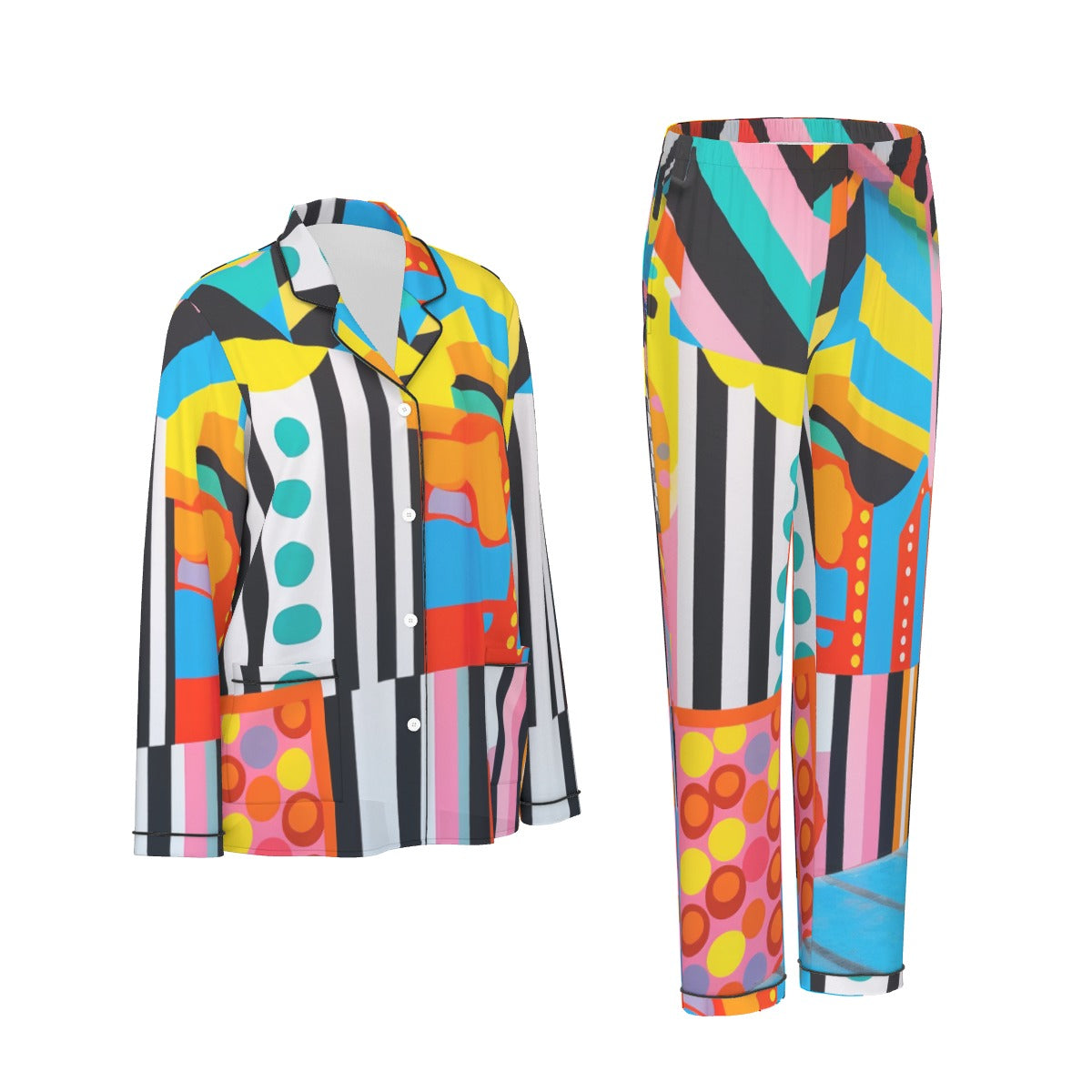 All-Over Print Women's Long Sleeve Pajama Set With Black Contrast Piping