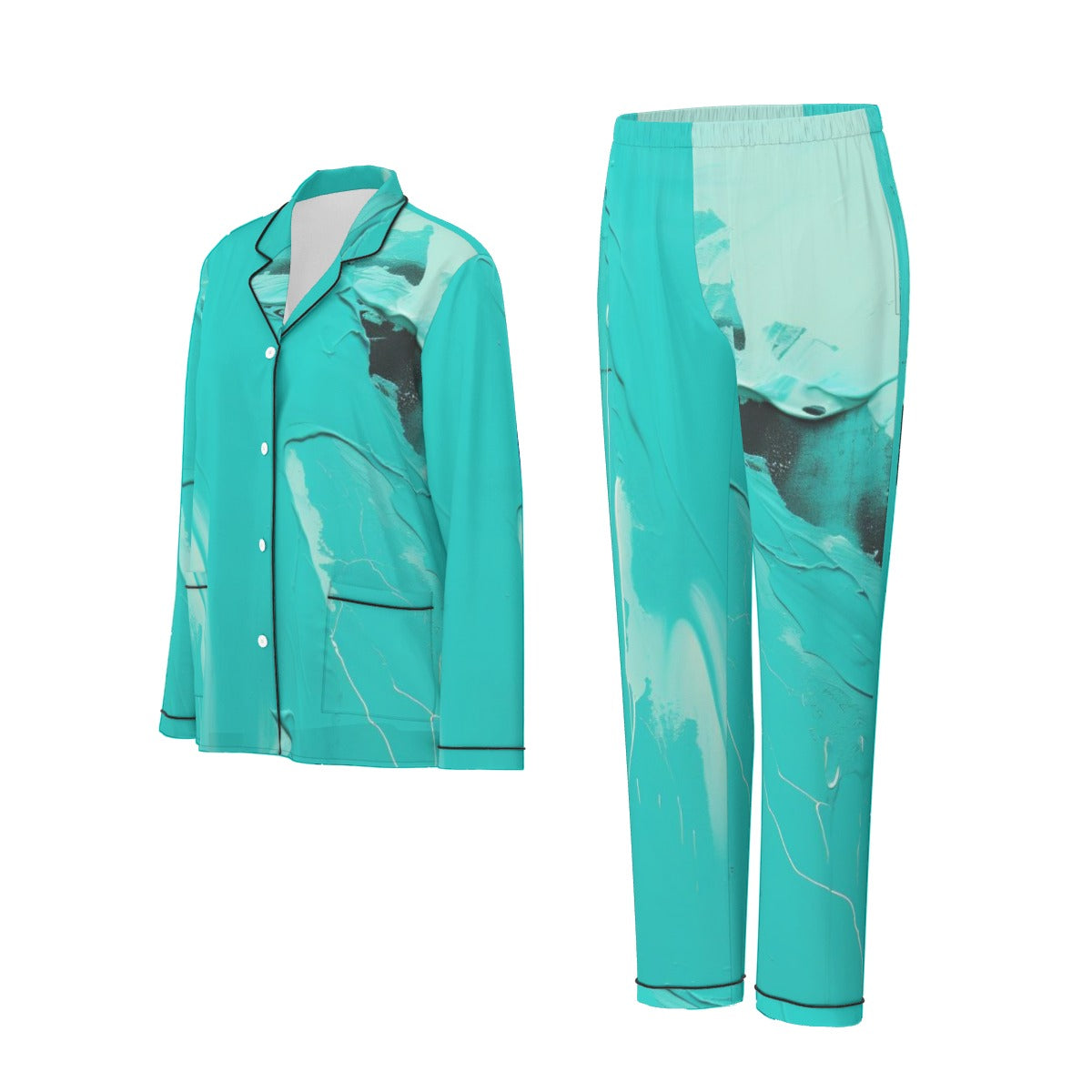 All-Over Print Women's Long Sleeve Pajama Set With Black Contrast Piping