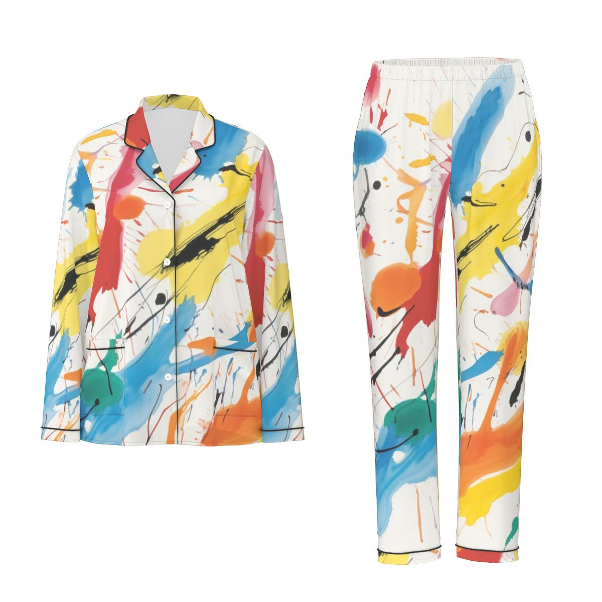 All-Over Print Women's Long Sleeve Pajama Set With Black Contrast Piping