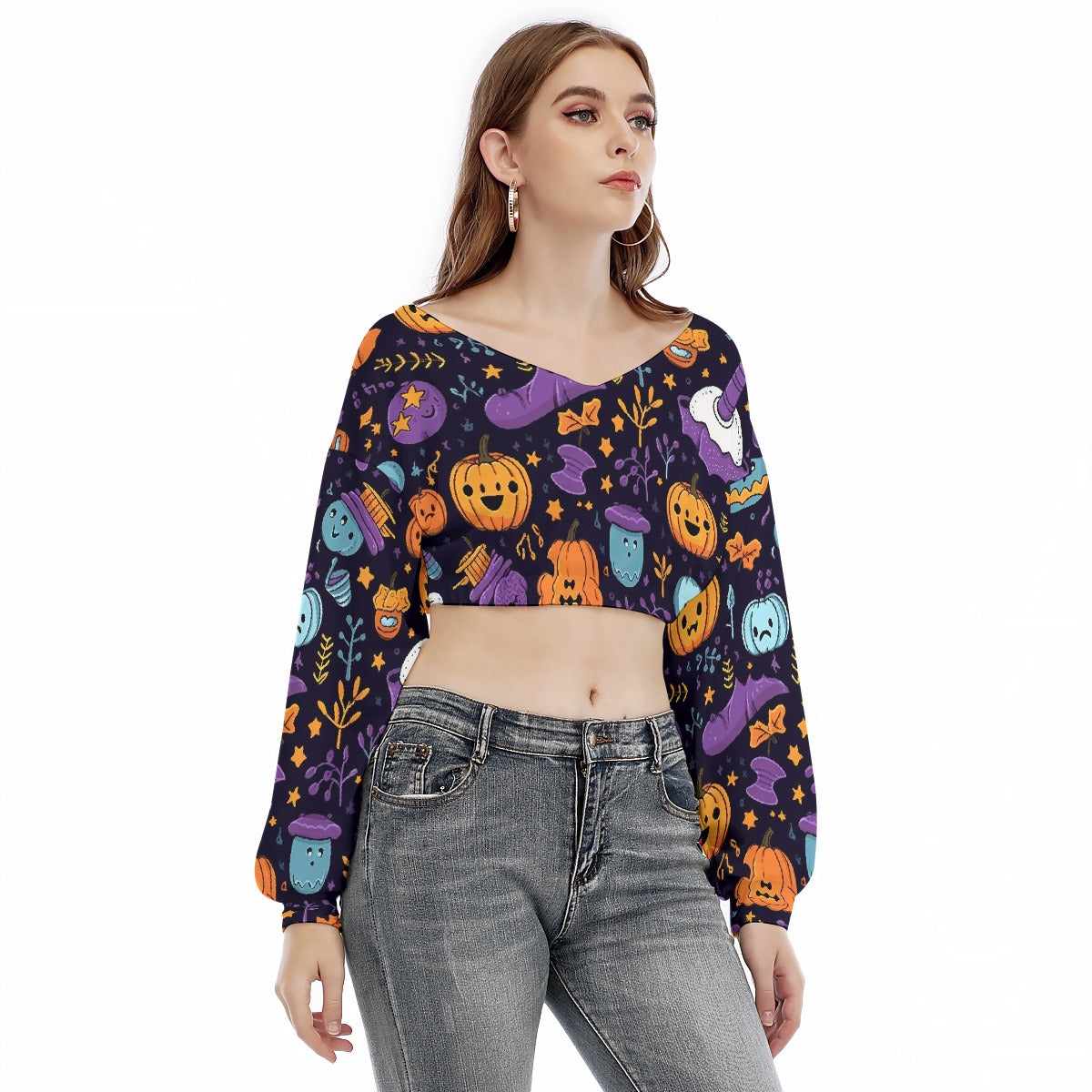 All-Over Print Women's V-neck Long Sleeve Cropped Sweatshirt