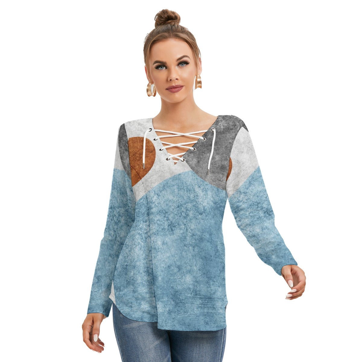 All-Over Print Women's Long Sleeve Neckline Tie Sweatshirt