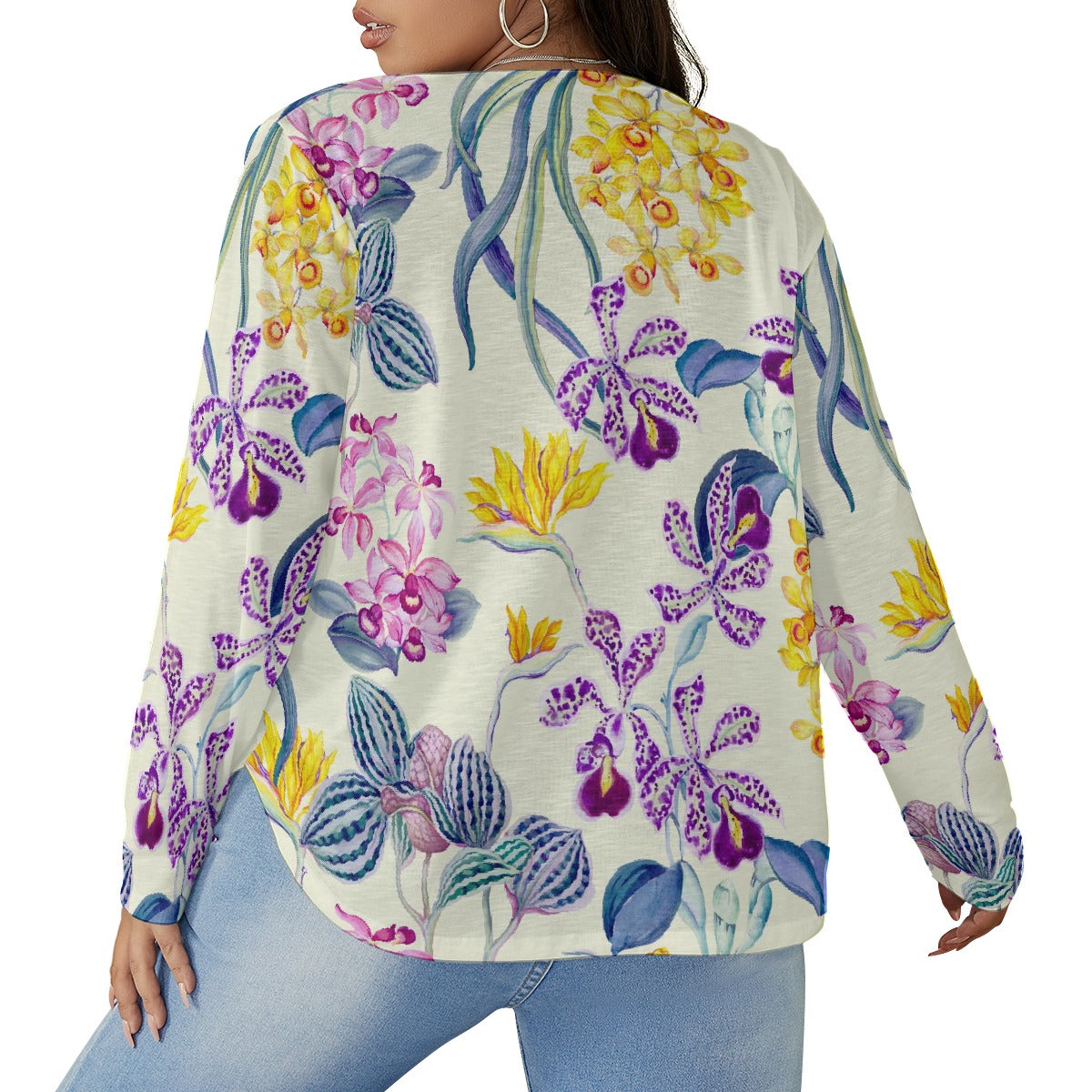 All-Over Print Women's V-neck T-shirt With Curved Hem(Plus Size)