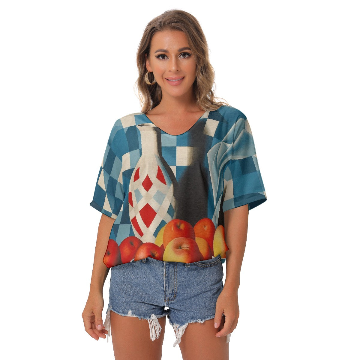 All-Over Print Women's Bat Sleeves V-Neck Blouse