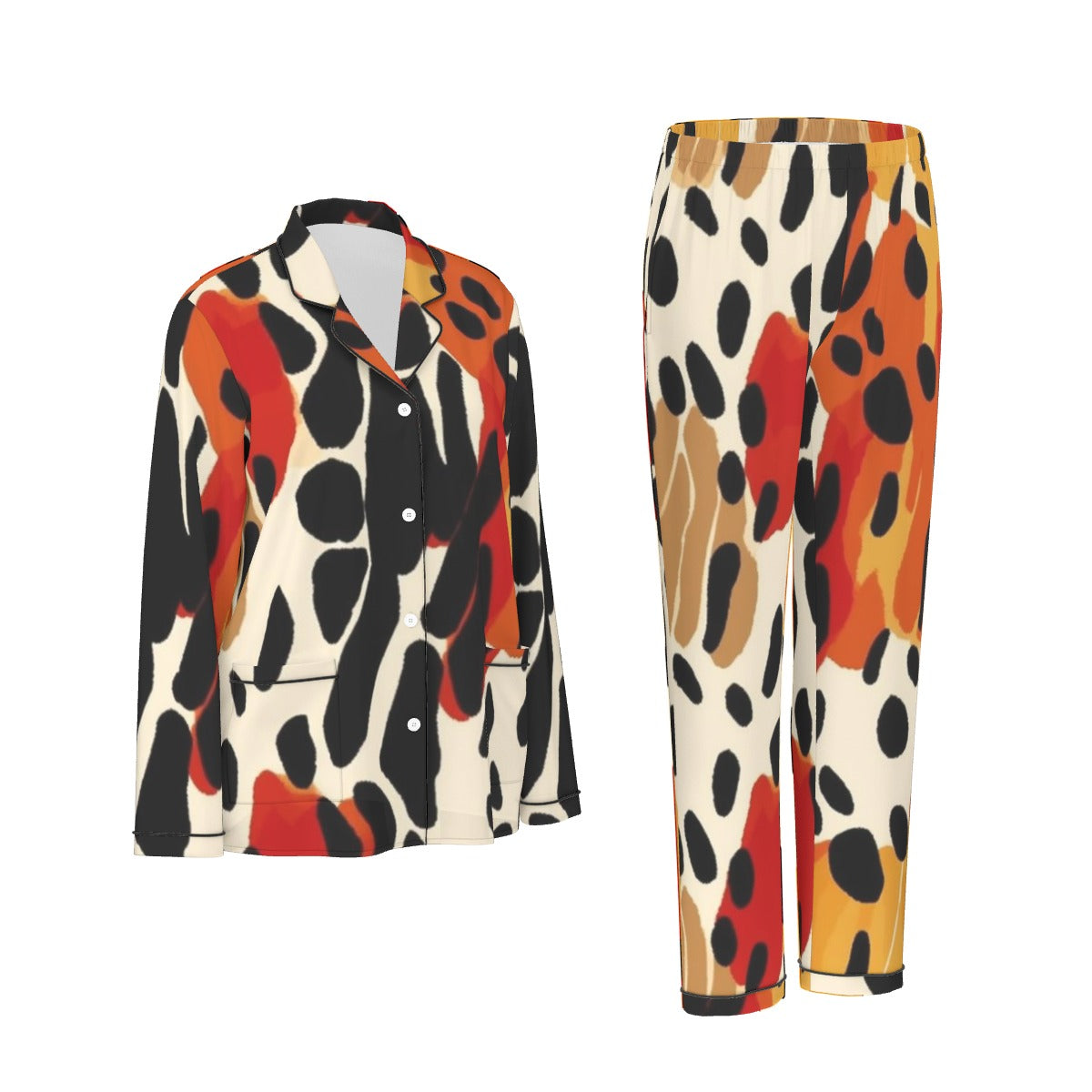 All-Over Print Women's Long Sleeve Pajama Set With Black Contrast Piping