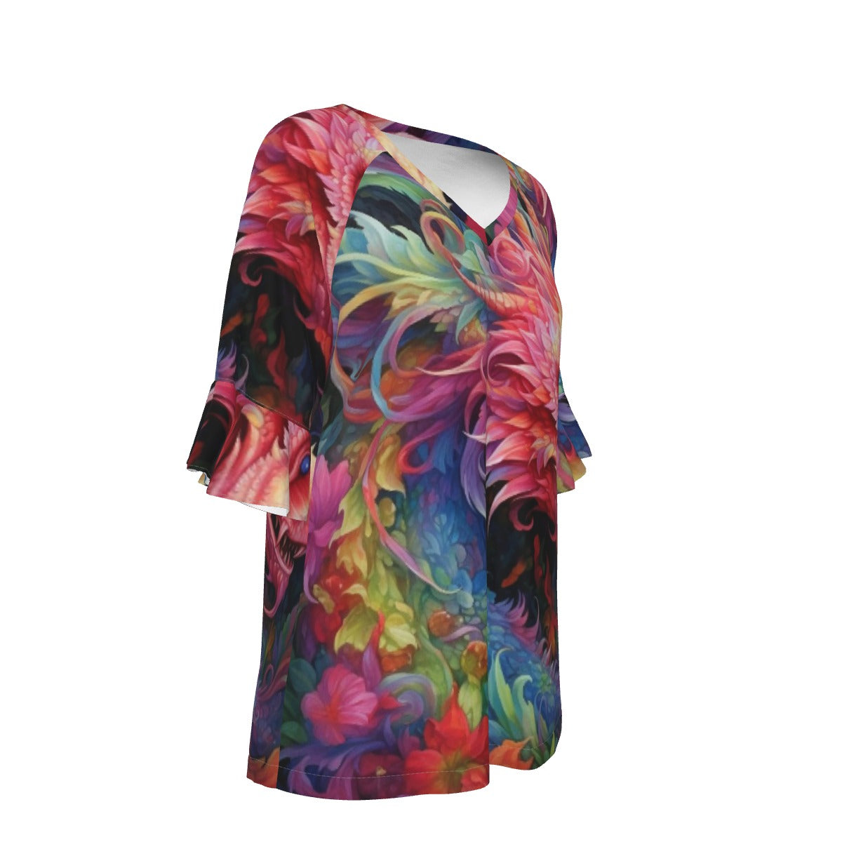 All-Over Print V-neck Women's T-shirt With Bell Sleeve