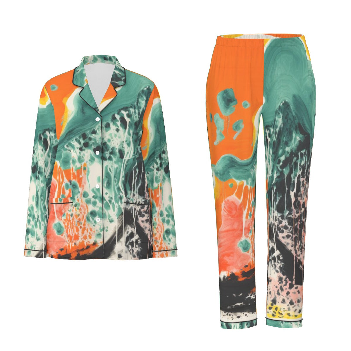 All-Over Print Women's Long Sleeve Pajama Set With Black Contrast Piping