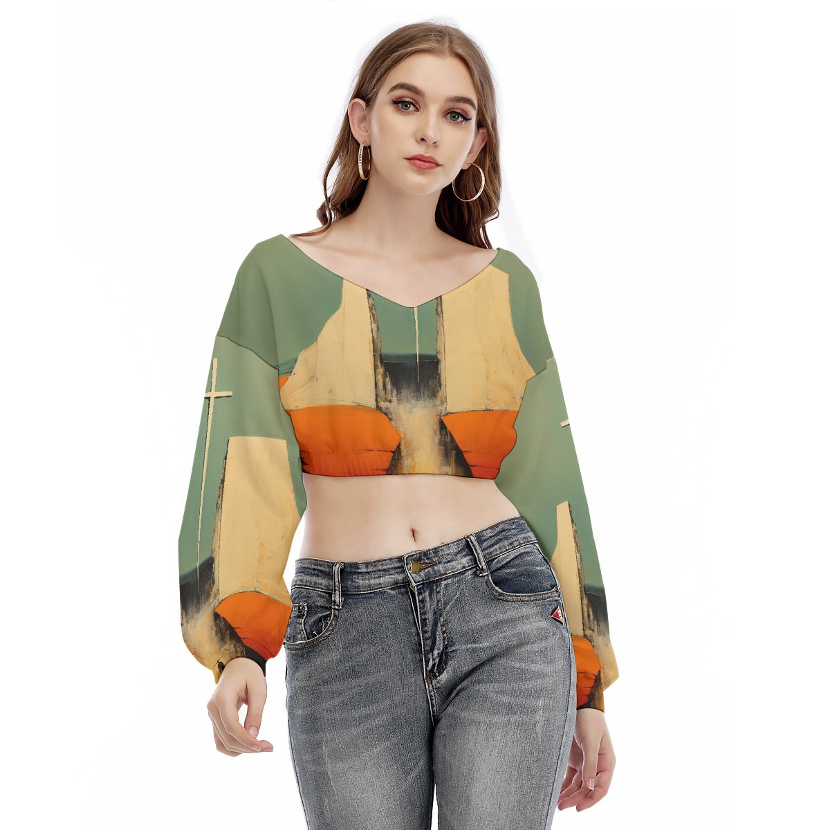 All-Over Print Women's V-neck Long Sleeve Cropped Sweatshirt