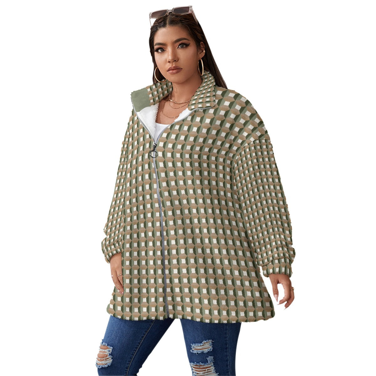 All-Over Print Unisex Borg Fleece Stand-up Collar Coat With Zipper Closure(Plus Size)