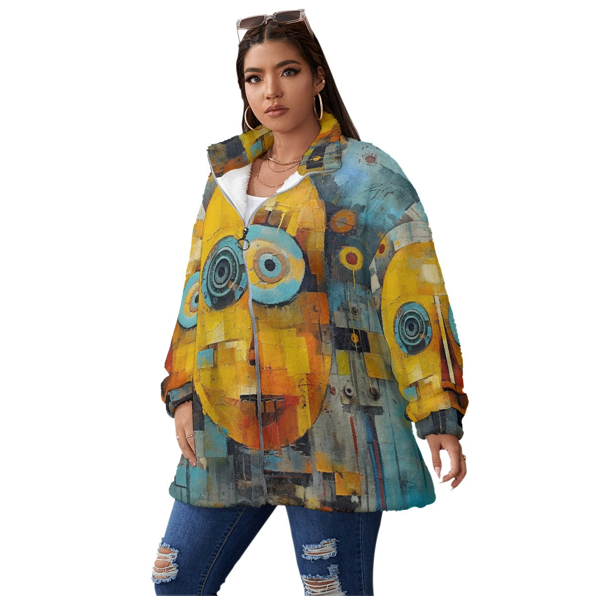 All-Over Print Unisex Borg Fleece Stand-up Collar Coat With Zipper Closure(Plus Size)