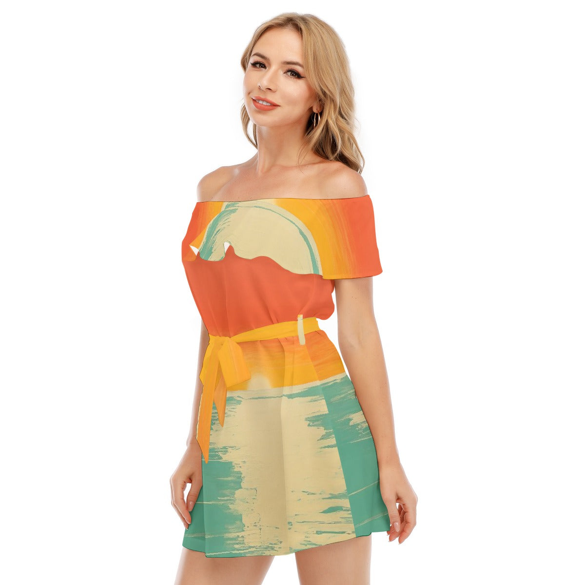 All-Over Print Women's Off-shoulder Dress With Ruffle