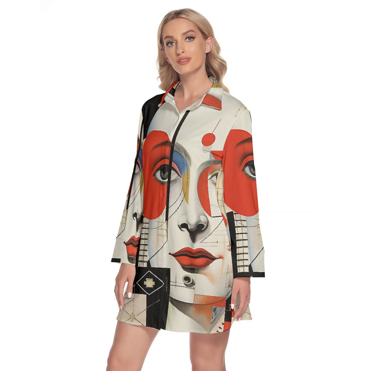 All-Over Print Women's Lapel Shirt Dress With Long Sleeve