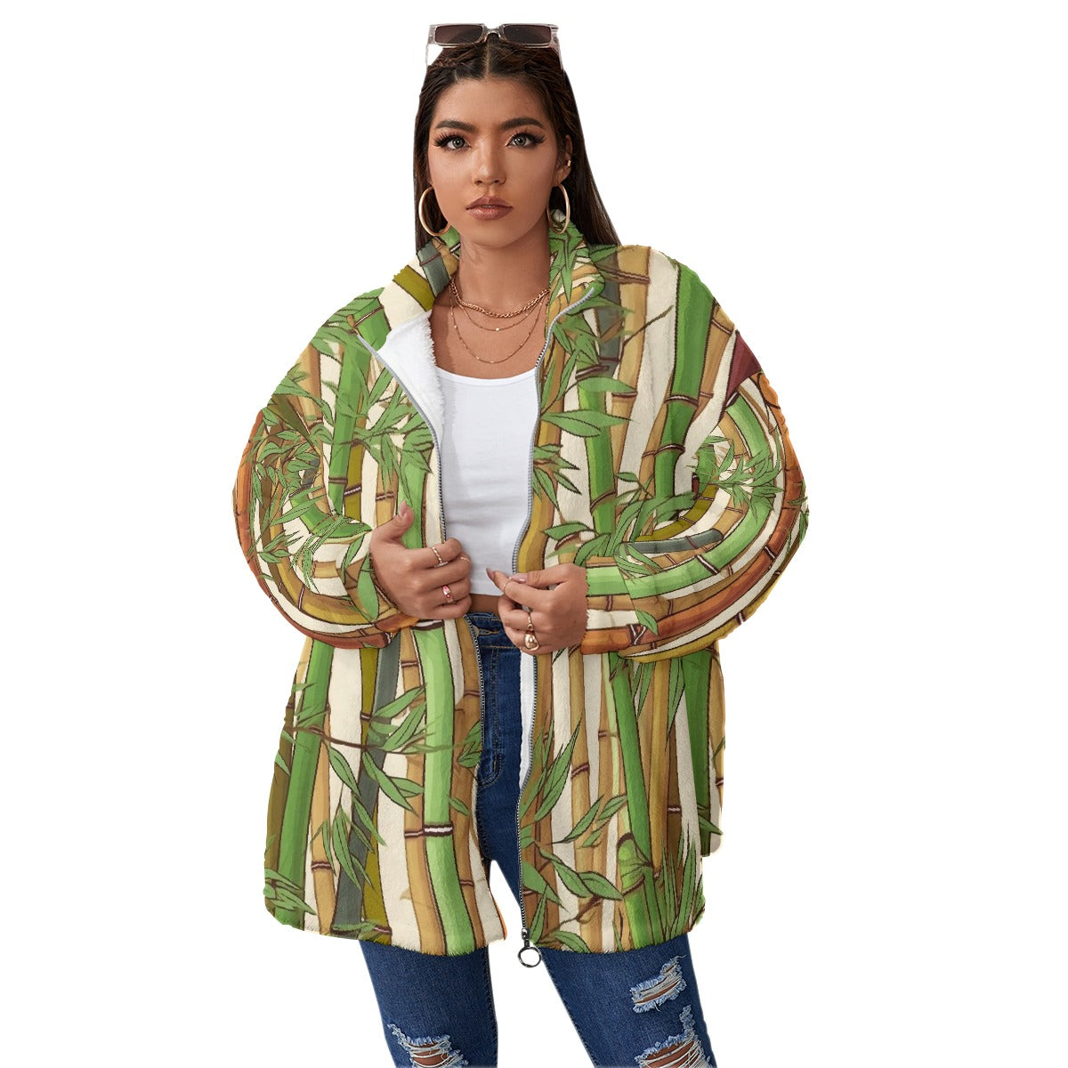 All-Over Print Unisex Borg Fleece Stand-up Collar Coat With Zipper Closure(Plus Size)