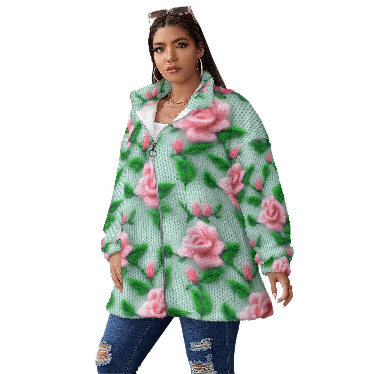 All-Over Print Unisex Borg Fleece Stand-up Collar Coat With Zipper Closure(Plus Size)
