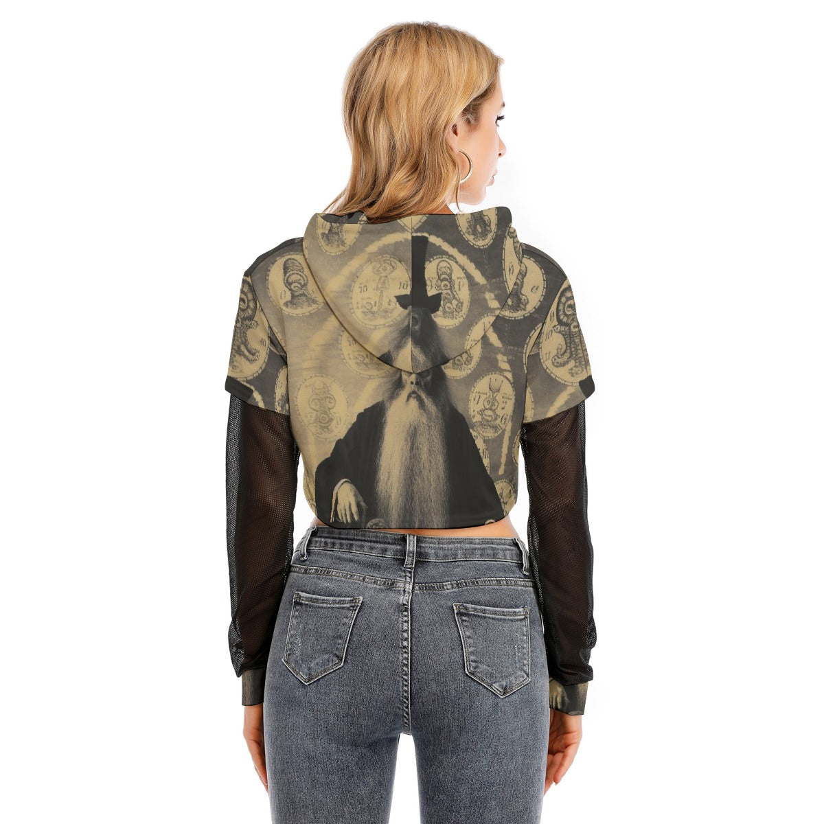 All-Over Print Women's Fake Two-piece Mesh Sleeve Cropped Hoodie