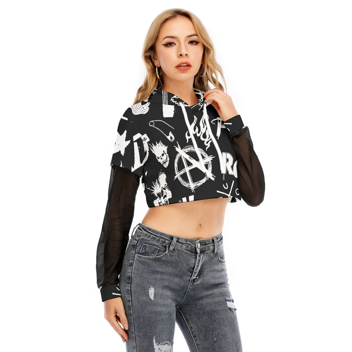 All-Over Print Women's Fake Two-piece Mesh Sleeve Cropped Hoodie