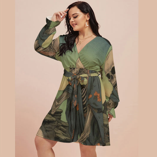 All-Over Print Women's V-neck Dress With Waistband(Plus Size)