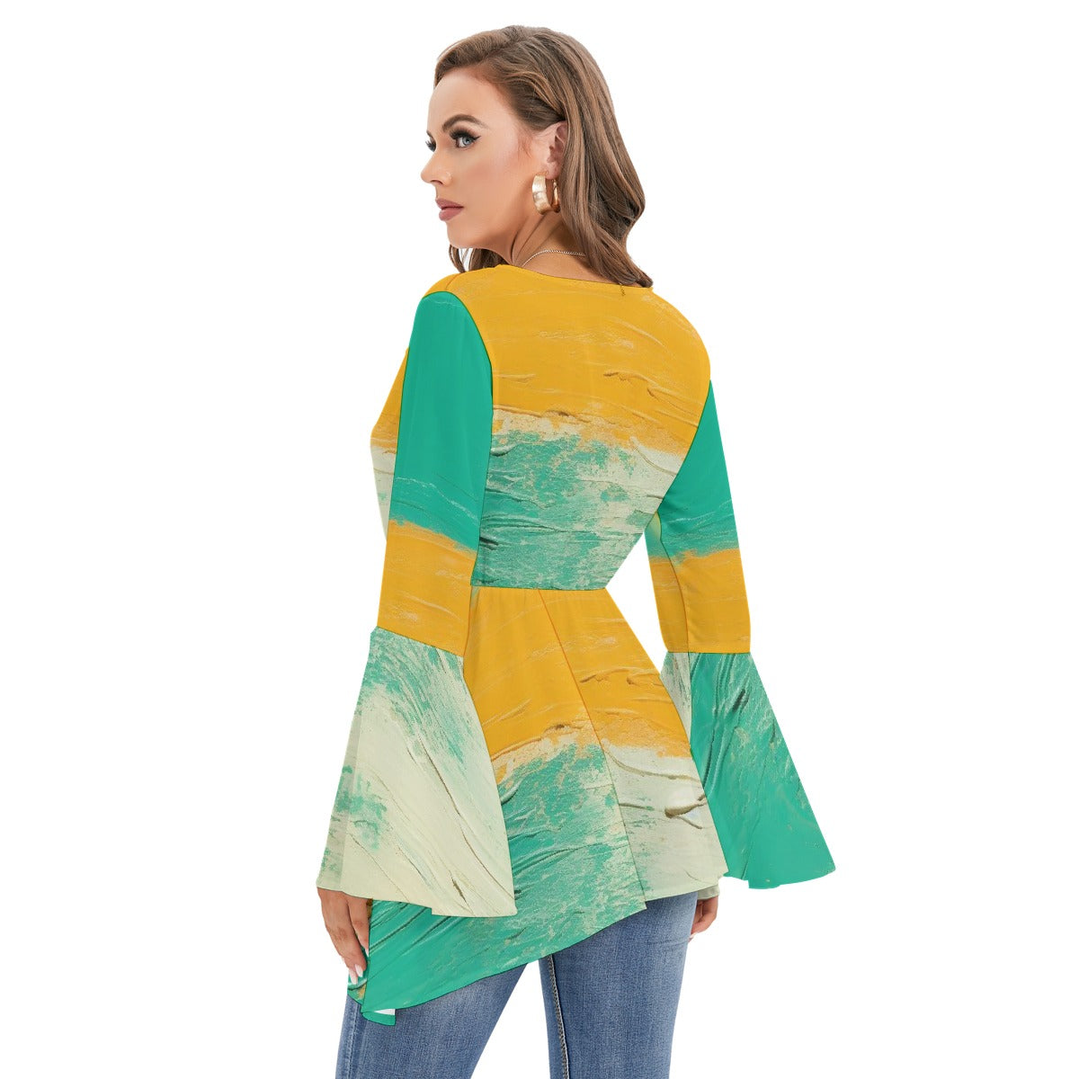 All-Over Print Women's V-neck Blouse With Flared Sleeves