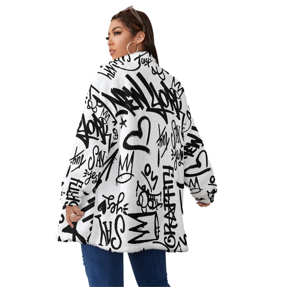 All-Over Print Unisex Borg Fleece Stand-up Collar Coat With Zipper Closure(Plus Size)