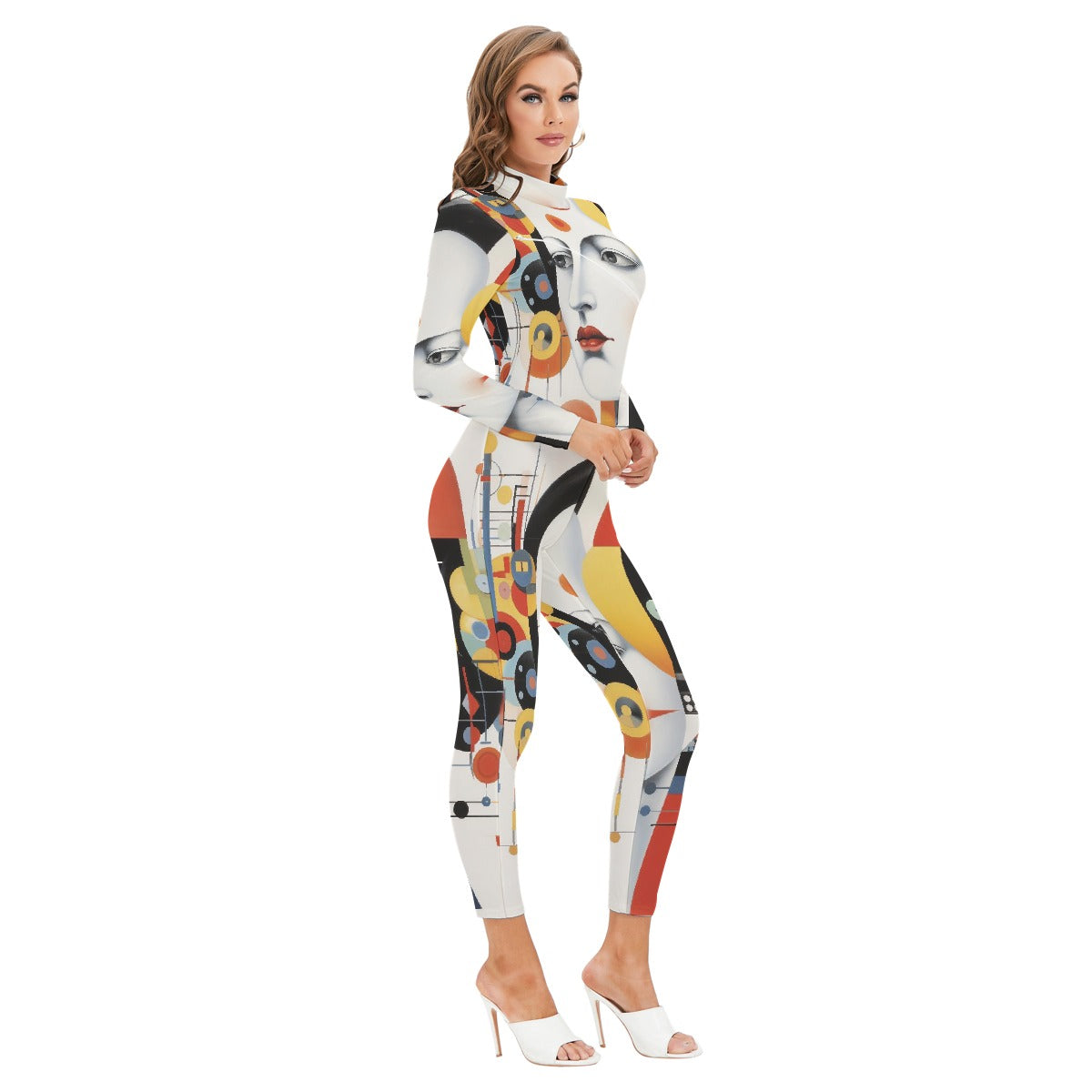 All-Over Print Women's Long-sleeved High-neck Jumpsuit With Zipper