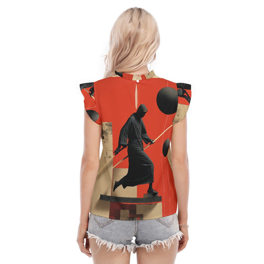 All-Over Print Women's Blouse With Ruffle Collar And Sleeve