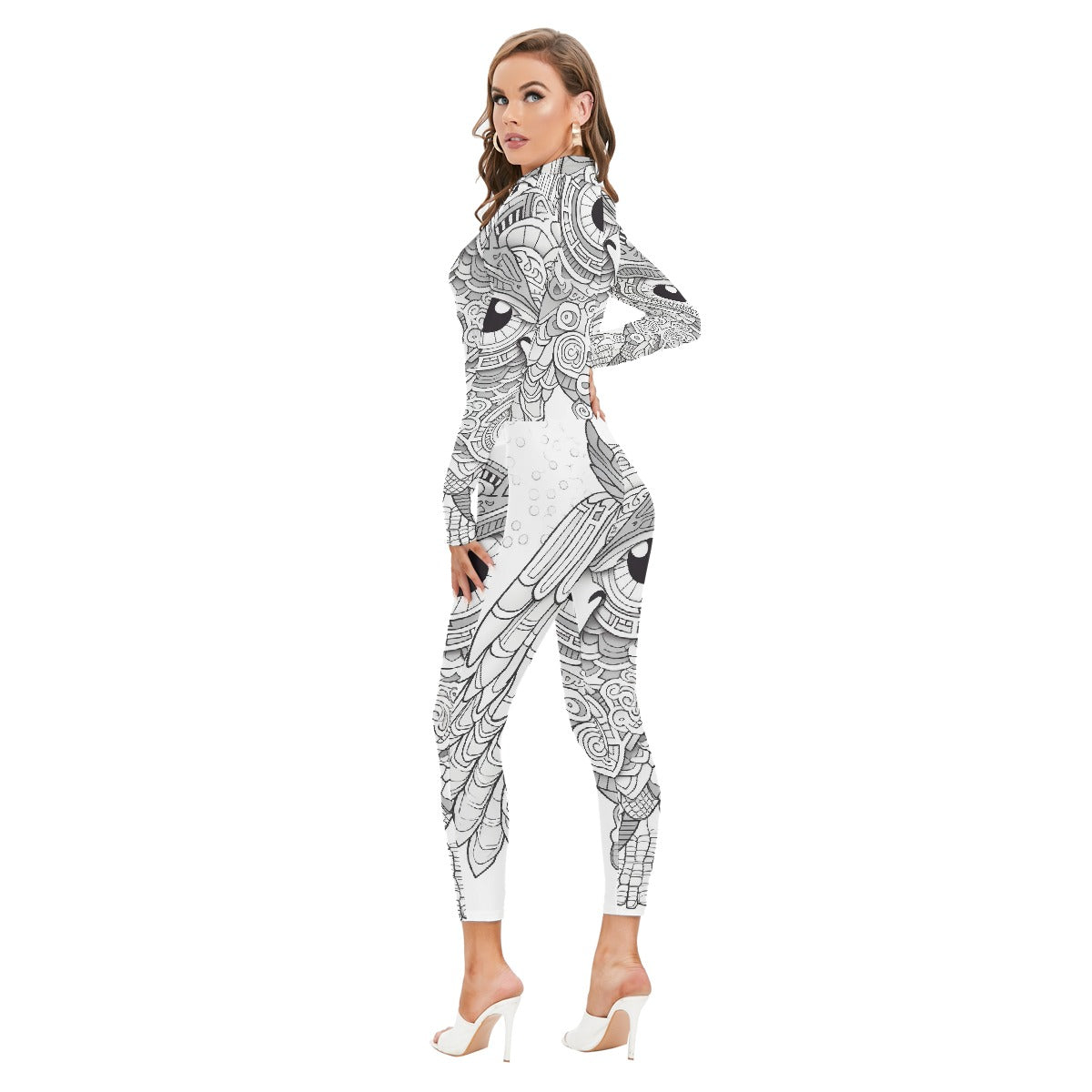 All-Over Print Women's Long-sleeved High-neck Jumpsuit With Zipper