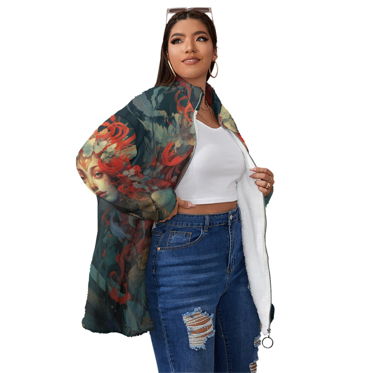 All-Over Print Unisex Borg Fleece Stand-up Collar Coat With Zipper Closure(Plus Size)