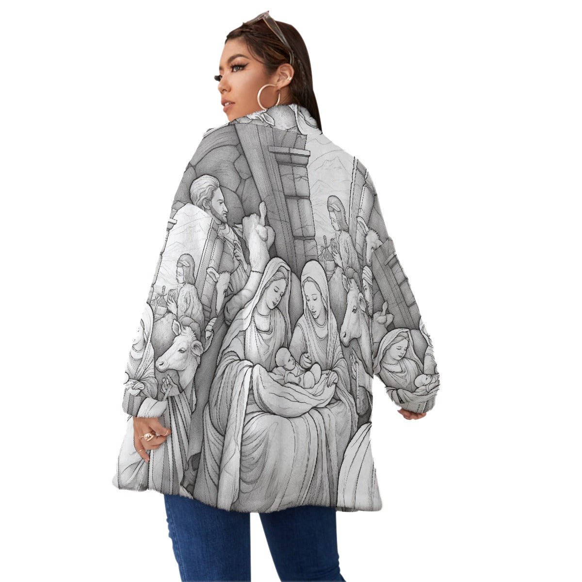 All-Over Print Unisex Borg Fleece Stand-up Collar Coat With Zipper Closure(Plus Size)