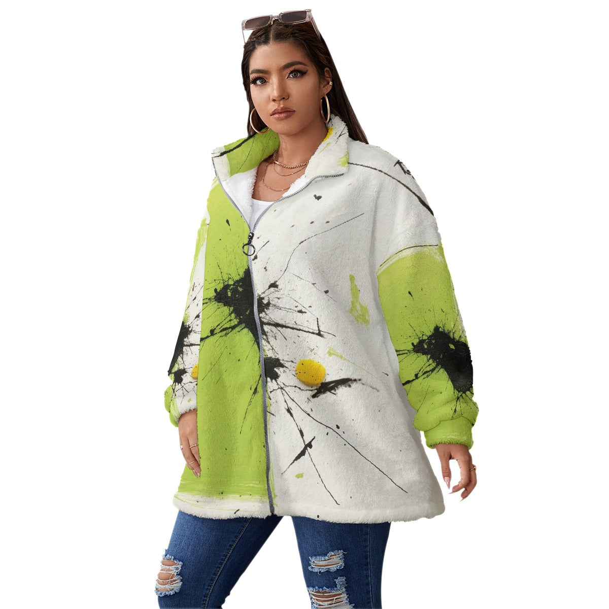 All-Over Print Unisex Borg Fleece Stand-up Collar Coat With Zipper Closure(Plus Size)
