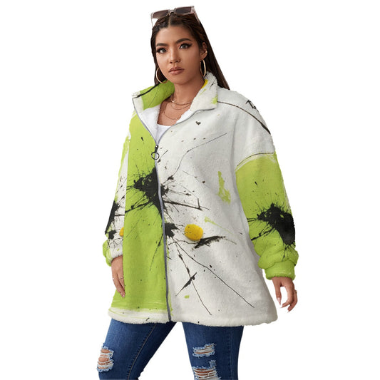 All-Over Print Unisex Borg Fleece Stand-up Collar Coat With Zipper Closure(Plus Size)