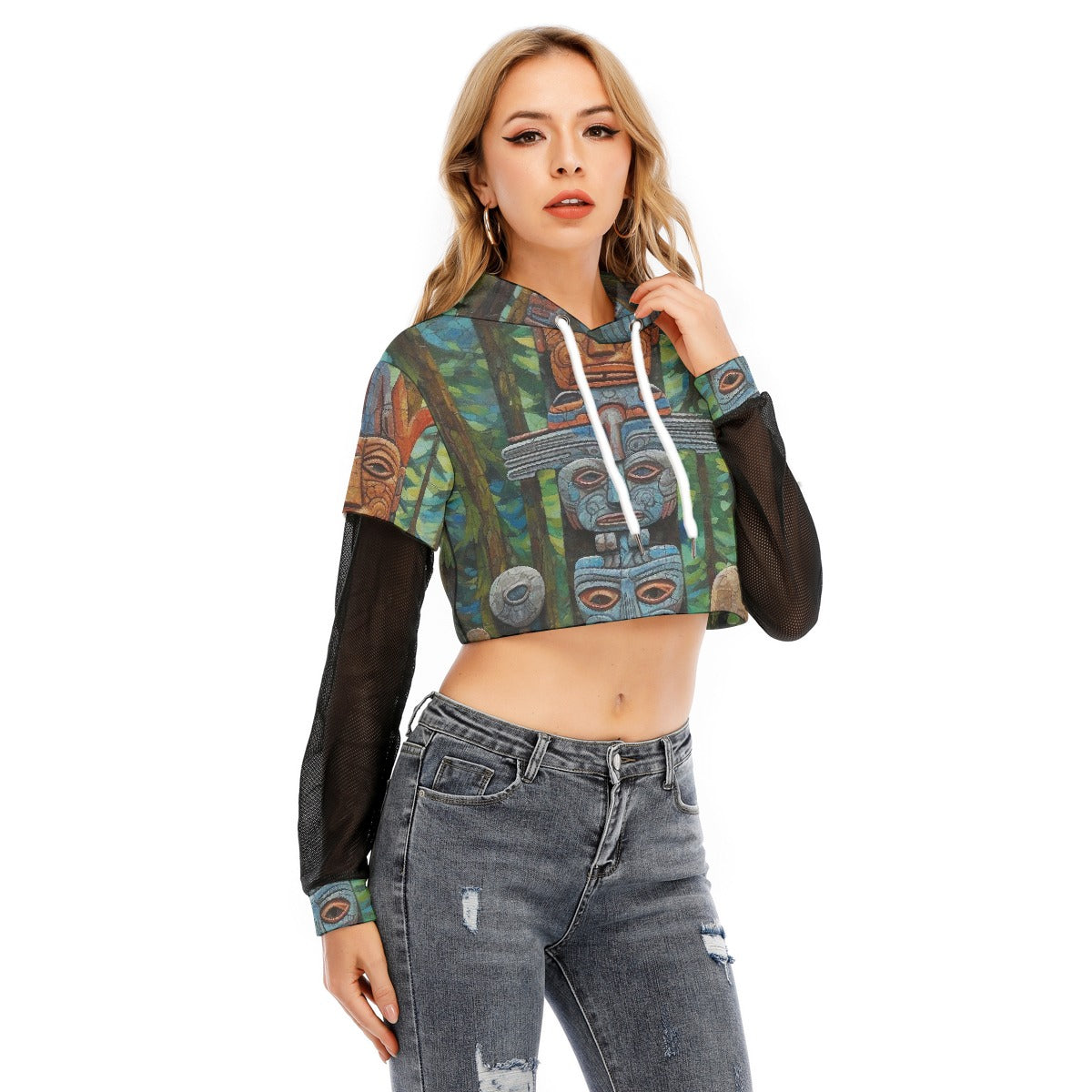 All-Over Print Women's Fake Two-piece Mesh Sleeve Cropped Hoodie