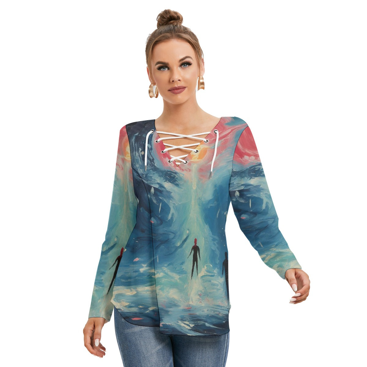 All-Over Print Women's Long Sleeve Neckline Tie Sweatshirt