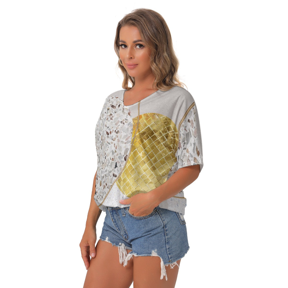 All-Over Print Women's Bat Sleeves V-Neck Blouse